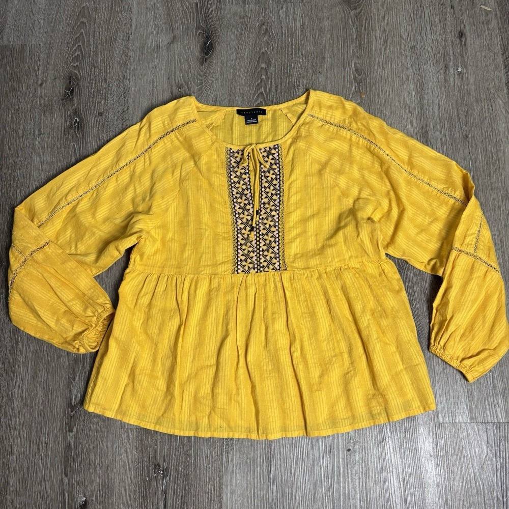 Sanctuary Women's S Summer Embroider Yellow Marigold Cotton Peasant Boho Blouse